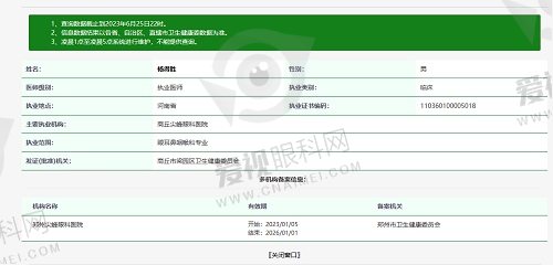 郑州尖峰眼科医院杨得胜资质